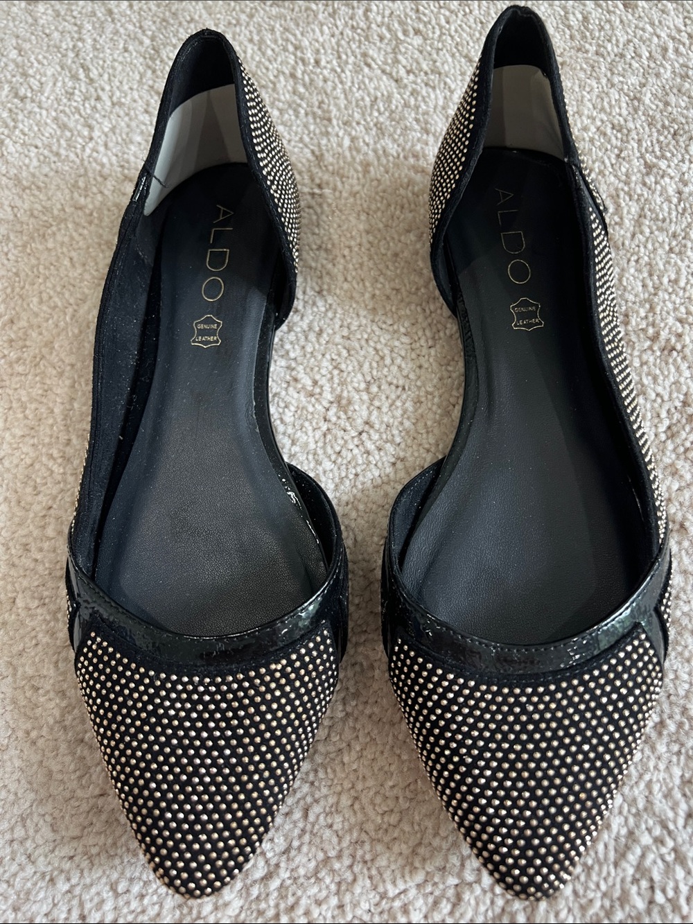 Aldo Black Pointed D'Orsay Flats with Gold Stud Detailing